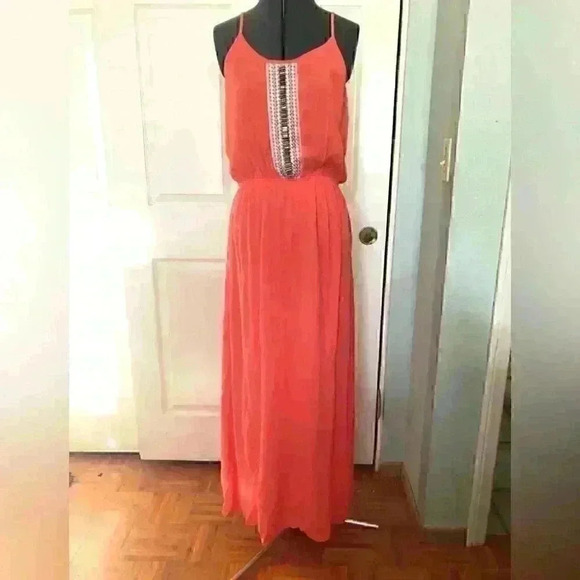BOBEAU spring summer salmon orange tropical maxi dress women LARGE - Picture 2 of 10